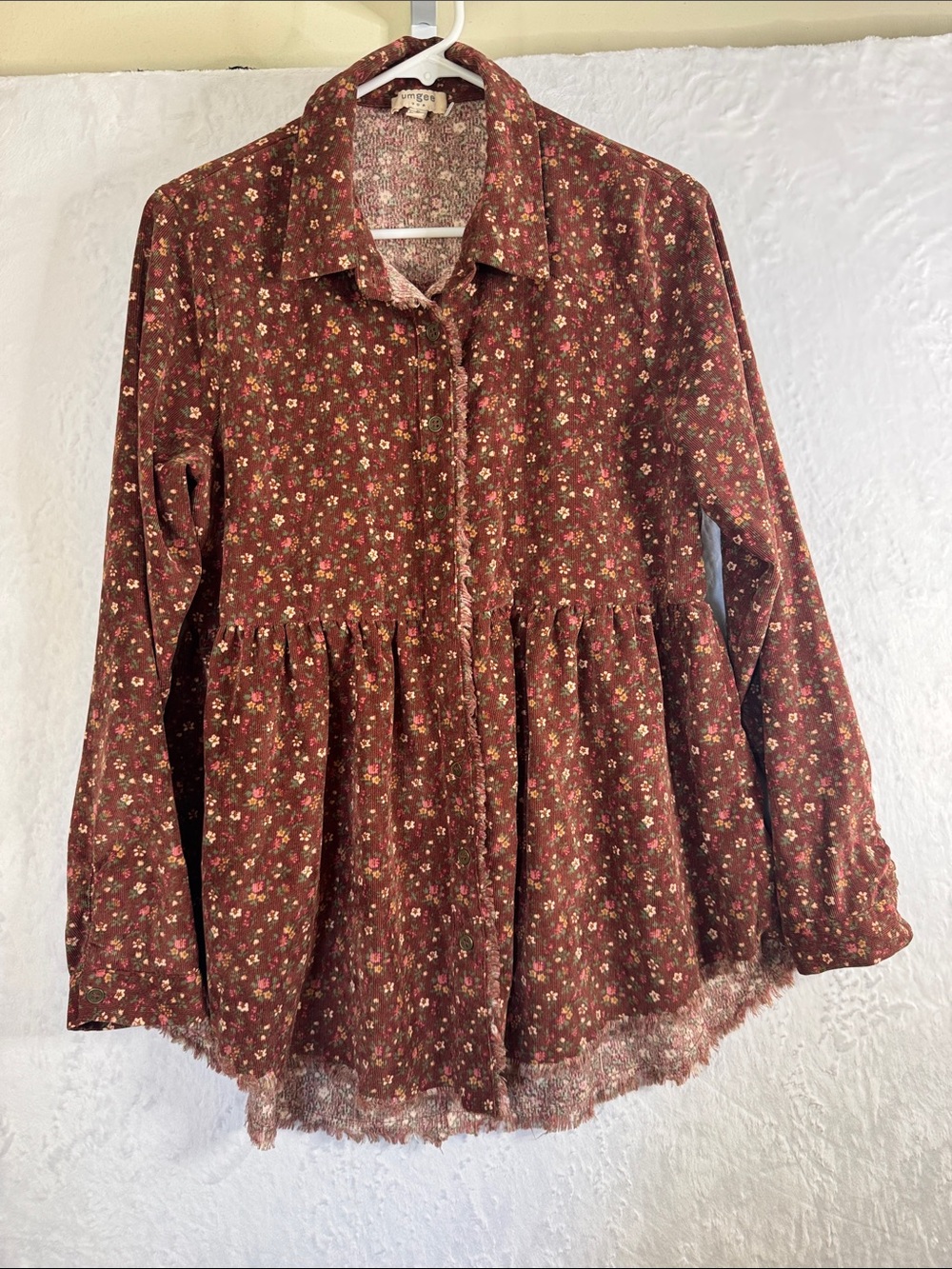 Umgee Brown Floral Button-Front Peplum Tunic Small